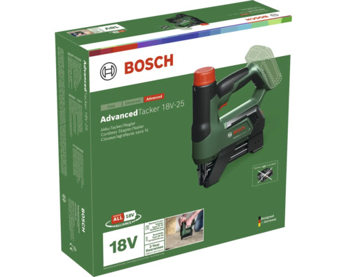 Bosch Akku-Tacker und Nagler AdvancedTacker 18V-25 in der Verpackung für Schmalrückenklammern und Stauchkopfnägel.