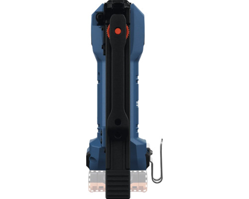 Rückansicht eines blauen Akku-Naglers mit schwarzem Magazin und orangefarbenem Einstellrad.