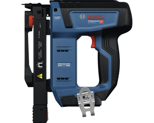Bosch Professional Akku-Tacker GTH 18 Volt-14 für Flachdrahtklammern mit bürstenlosem Motor und Gürtelclip.
