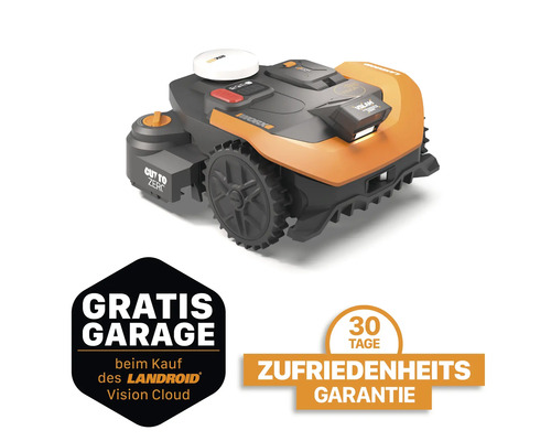 Worx Landroid Vision Cloud Mähroboter mit Gratis-Garage und 30-Tage-Zufriedenheitsgarantie.