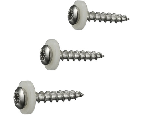 Drei Spenglerschrauben aus Edelstahl mit Dichtscheibe und Torx-Antrieb.