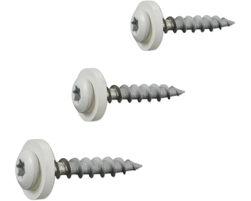 Drei Fassadenschrauben mit Torx-Antrieb und weißer Dichtscheibe.