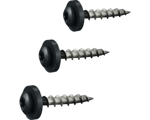 Drei Metallschrauben mit schwarzem Kopf und schwarzer Unterlegscheibe.