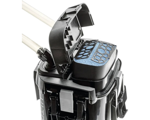 Aquarium Außenfilter mit geöffnetem Deckel und Filtermedien