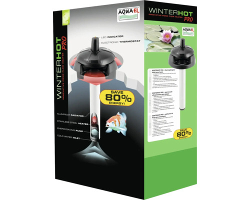 Aquael Winterhot Pro Teichheizer-Verpackung mit Abbildung von elektronischem Thermostat, Aluminium-Radiator und 80 Prozent Energieersparnis.