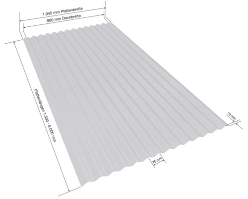 Profilplatte mit den Maßen 1045 Millimeter Plattenbreite, 980 Millimeter Deckbreite, 1500 bis 6000 Millimeter Plattenlänge, 76 Millimeter Abstand und 18 Millimeter Dicke