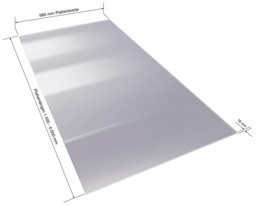 Polycarbonatplatte, 980 Millimeter breit, 16 Millimeter dick, mit einer Plattenlänge von 1500 bis 6000 Millimetern