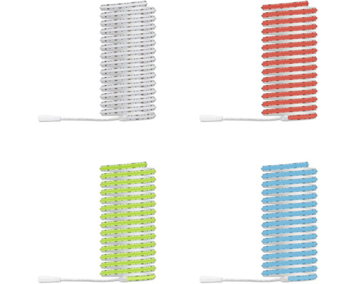 Vier Rollen flexibler LED-Streifen in den Lichtfarben Weiß, Rot, Grün und Blau mit Anschlusskabeln.