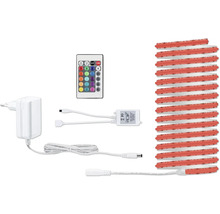 LED-Streifen-Set bestehend aus einer aufgerollten Lichtleiste, einer Fernbedienung zur Farbauswahl, einem Netzteil und Anschlusskabeln.