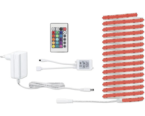 LED-Streifen-Set bestehend aus einer aufgerollten Lichtleiste, einer Fernbedienung zur Farbauswahl, einem Netzteil und Anschlusskabeln.