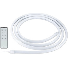 Flexibler LED-Streifen mit Fernbedienung zur Steuerung von Helligkeit und Dimmstufen von 25 bis 100 Prozent. Paulmann Logo.