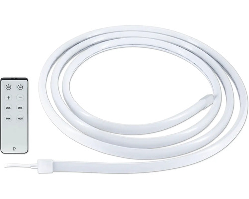 Flexibler LED-Streifen mit Fernbedienung zur Steuerung von Helligkeit und Dimmstufen von 25 bis 100 Prozent. Paulmann Logo.