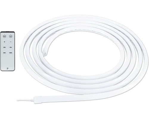 Weißer LED-Streifen, aufgerollt, mit Fernbedienung zur Helligkeitssteuerung und Auswahl von Dimmstufen, Paulmann Logo.