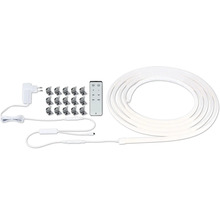 LED-Streifen-Set mit flexiblem Lichtband, Fernbedienung, Netzstecker und Montageclips.