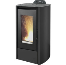 Pelletofen aus Metall mit Sichtfenster, brennender Flamme und digitalem Bedienelement oben.