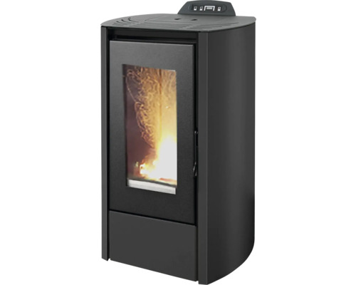 Pelletofen aus Metall mit Sichtfenster, brennender Flamme und digitalem Bedienelement oben.