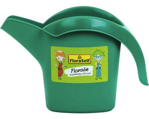 Grüne Gießkanne aus Kunststoff für Kinder mit FloraSelf Logo.