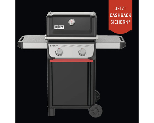 Schwarzer Weber Spirit Gasgrill mit zwei Brennern, Seitentischen und Deckelthermometer sowie Hinweis auf eine Cashback-Aktion.
