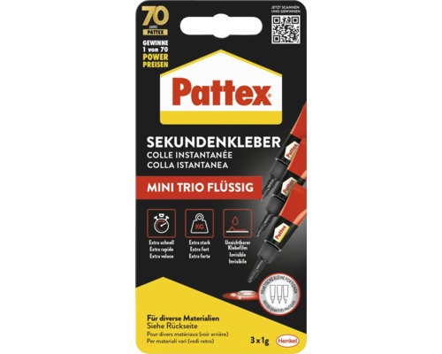 Pattex Sekundenkleber Mini Trio Flüssig, 3 mal 1 Gramm Packung