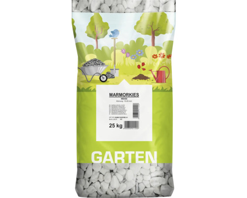 Sack mit weißem Marmorkies mit einer Körnung von 15 bis 25 Millimetern, 25 Kilogramm