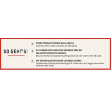 Anleitung zur Weber Cashback-Aktion. Produkte kaufen, Kassenbon hochladen und Cashback nach vier bis sechs Wochen erhalten.
