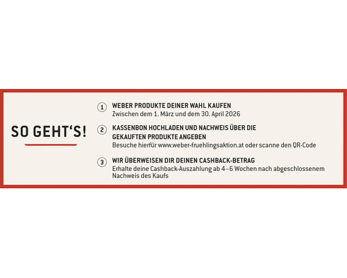Anleitung zur Weber Cashback-Aktion. Produkte kaufen, Kassenbon hochladen und Cashback nach vier bis sechs Wochen erhalten.
