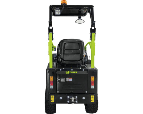Heckansicht des Zipper Minidumpers mit Sitz, Beleuchtung und Anhängerkupplung