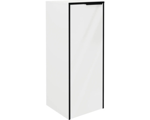 Weißer Badezimmer-Hochschrank mit schwarzem Rahmen und Griff.