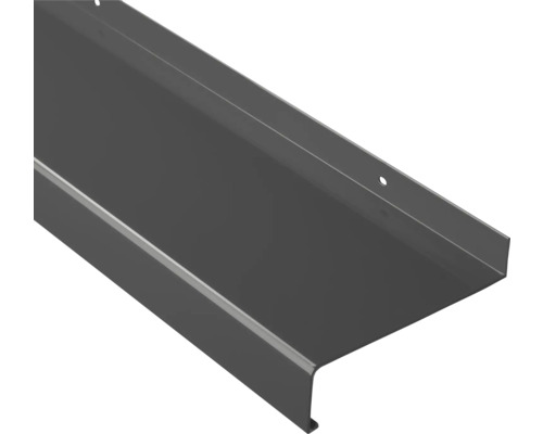 Dunkelgraues Fensterbankprofil aus Metall mit Befestigungslöchern.