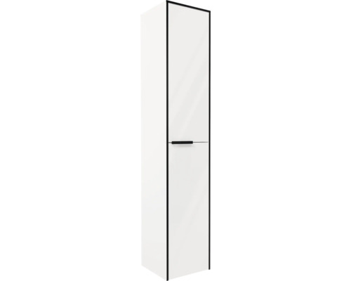 Hochschrank für das Badezimmer in Weiß mit schwarzer Umrandung und schwarzem Griff.