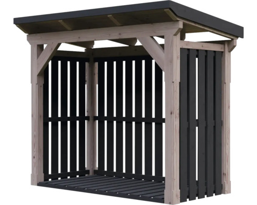 Kaminholzregal aus Holz mit Pultdach, dunklen Lamellenwänden und Boden.