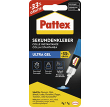 Pattex Sekundenkleber Ultra Gel, 4 Gramm. Extra schnell, extra stark, stoßfest und flexibel. Für Gummi, Holz und Metall. Henkel Logo.