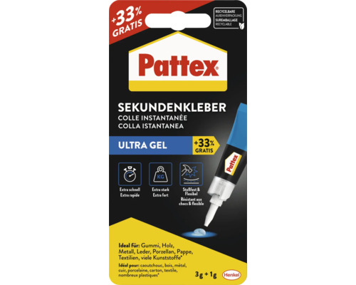 Pattex Sekundenkleber Ultra Gel, 4 Gramm. Extra schnell, extra stark, stoßfest und flexibel. Für Gummi, Holz und Metall. Henkel Logo.