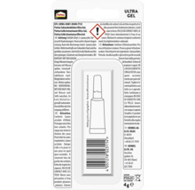 Rückseite der Verpackung von Pattex Sekundenkleber Ultra Gel mit Pattex Logo, Warnsymbol für Gefahren, Sicherheitshinweisen und Barcode.