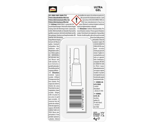 Rückseite der Verpackung von Pattex Sekundenkleber Ultra Gel mit Pattex Logo, Warnsymbol für Gefahren, Sicherheitshinweisen und Barcode.