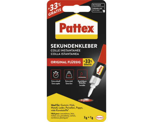 Pattex Sekundenkleber Original Flüssig, 3 Gramm plus 1 Gramm gratis, extra schnell und stark, für Gummi, Holz, Metall und Kunststoff, Henkel Logo.