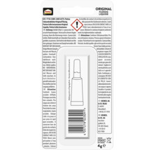 Rückseite der Verpackung von Pattex Sekundenkleber Original Flüssig mit Pattex Logo, Sicherheitshinweisen, Gefahrensymbol und Strichcode.