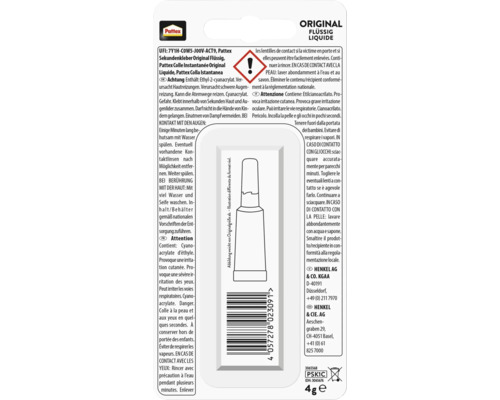 Rückseite der Verpackung von Pattex Sekundenkleber Original Flüssig mit Pattex Logo, Sicherheitshinweisen, Gefahrensymbol und Strichcode.