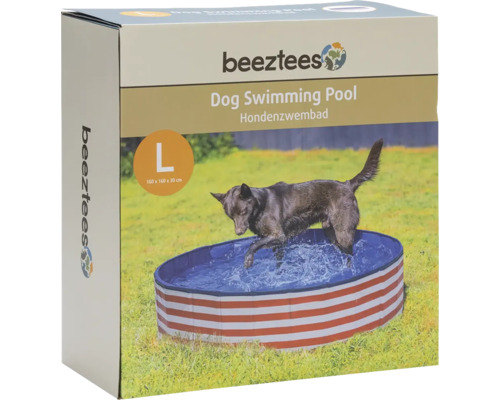 Bezztees Hundepool Verpackung mit Hund der in den Pool springt