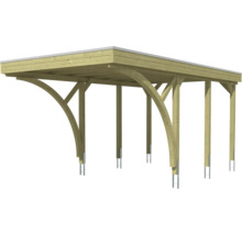 Carport aus Holz mit Flachdach, Pfostenankern und gebogenen Kopfbändern.