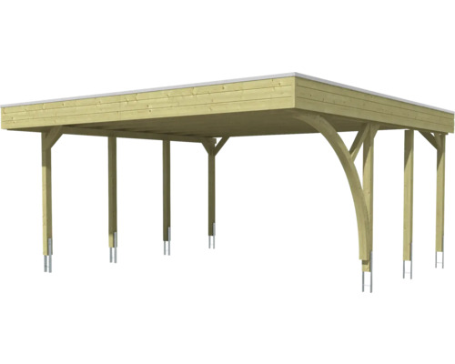 Carport aus Holz mit Flachdach und gebogenen Kopfbändern zur Stabilisierung.