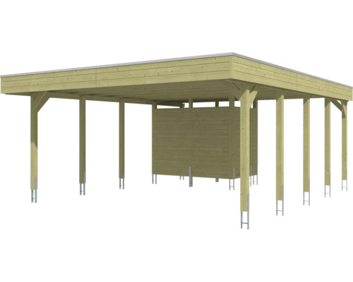 Doppelcarport aus Holz mit Flachdach und integriertem Geräteraum sowie Pfosten mit Metallankern.