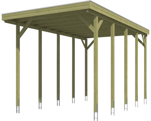 Carport aus Holz mit Flachdach und zehn Pfosten inklusive Pfostenankern.