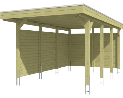 Carport aus Holz mit Flachdach, Seitenwänden und Pfostenankern aus Metall.