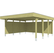 Carport aus Holz mit Flachdach und Seitenwänden inklusive Pfostenankern.