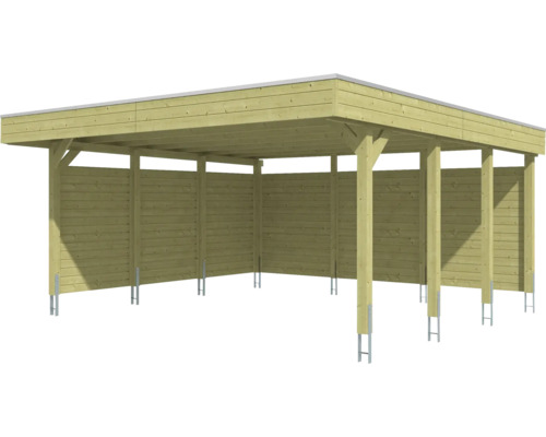 Carport aus Holz mit Flachdach und Seitenwänden inklusive Pfostenankern.