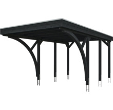 Moderner Holzcarport mit Flachdach, anthrazit, mit gebogenen Kopfbändern und Pfostenankern.
