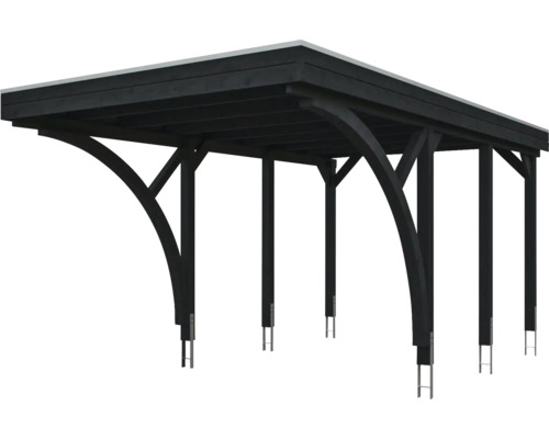 Moderner Holzcarport mit Flachdach, anthrazit, mit gebogenen Kopfbändern und Pfostenankern.