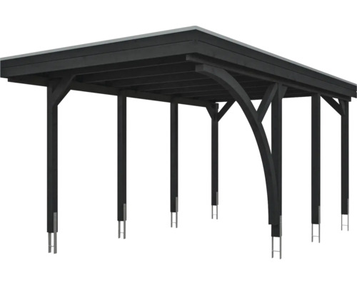 Freistehendes Carport aus dunklem Holz mit Flachdach und Pfostenankern aus Metall.