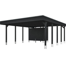 Moderner Holz-Carport in Schwarz mit Flachdach und integriertem Geräteraum.